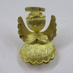 Christmas Angel Pin Brooch Gold Tone Ultra Rhinestone Halo,Wings & Blue Eyes Vtg